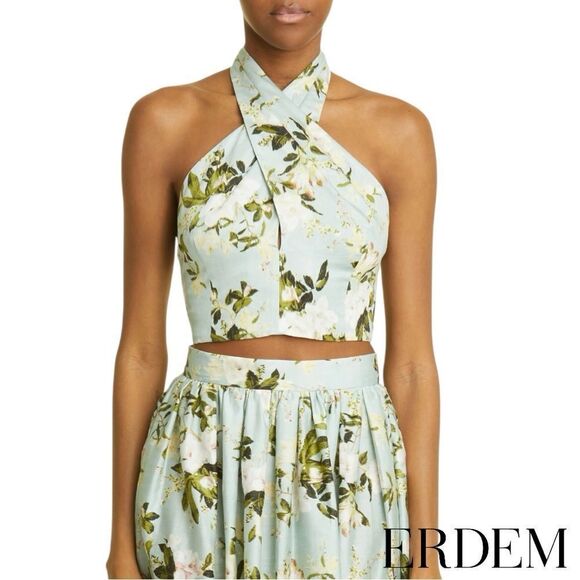 Erdem **NWT** Luna Poplin Cotton Halter Crop Top In Magnolia Garden Mint Green - Picture 8 of 16